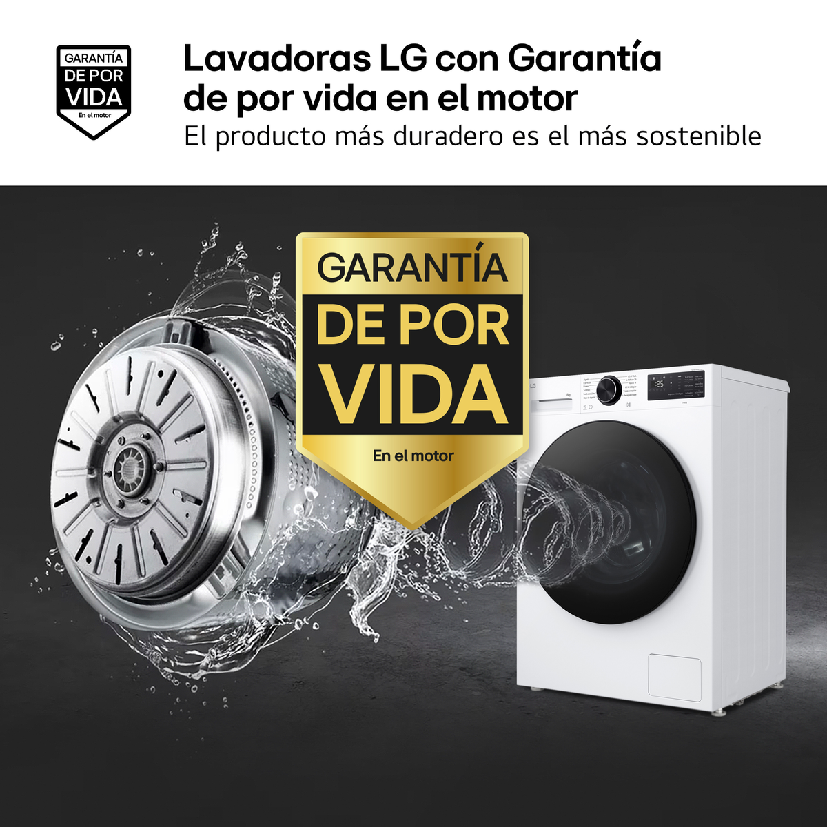 Lavadora LG con garantía de por vida en el motor, muestra motor y tambor.
