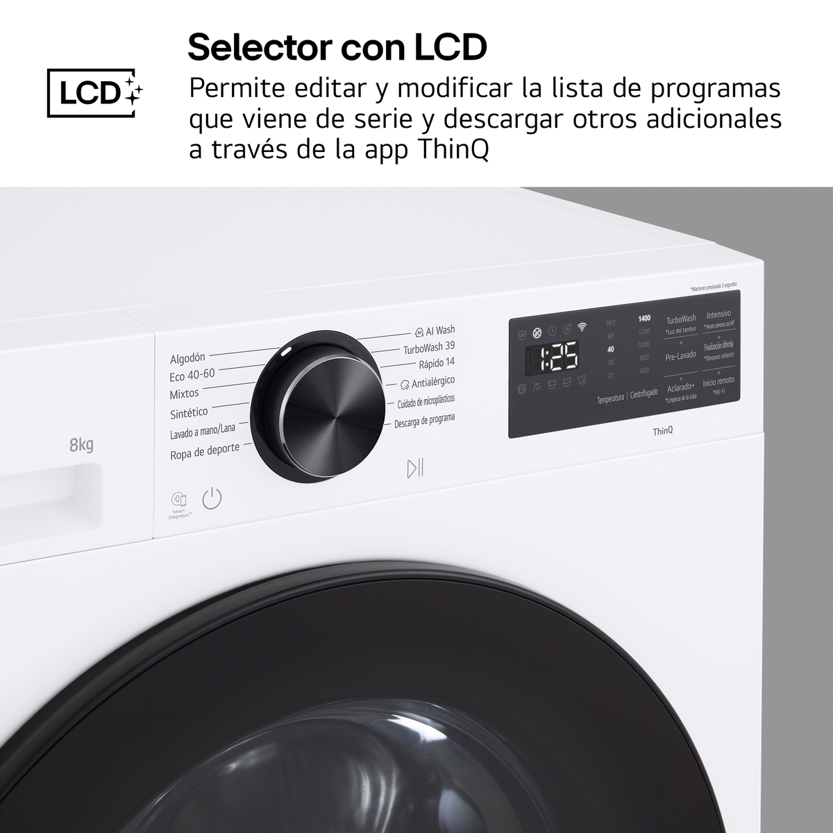 Una lavadora blanca con panel de control y dial negros.