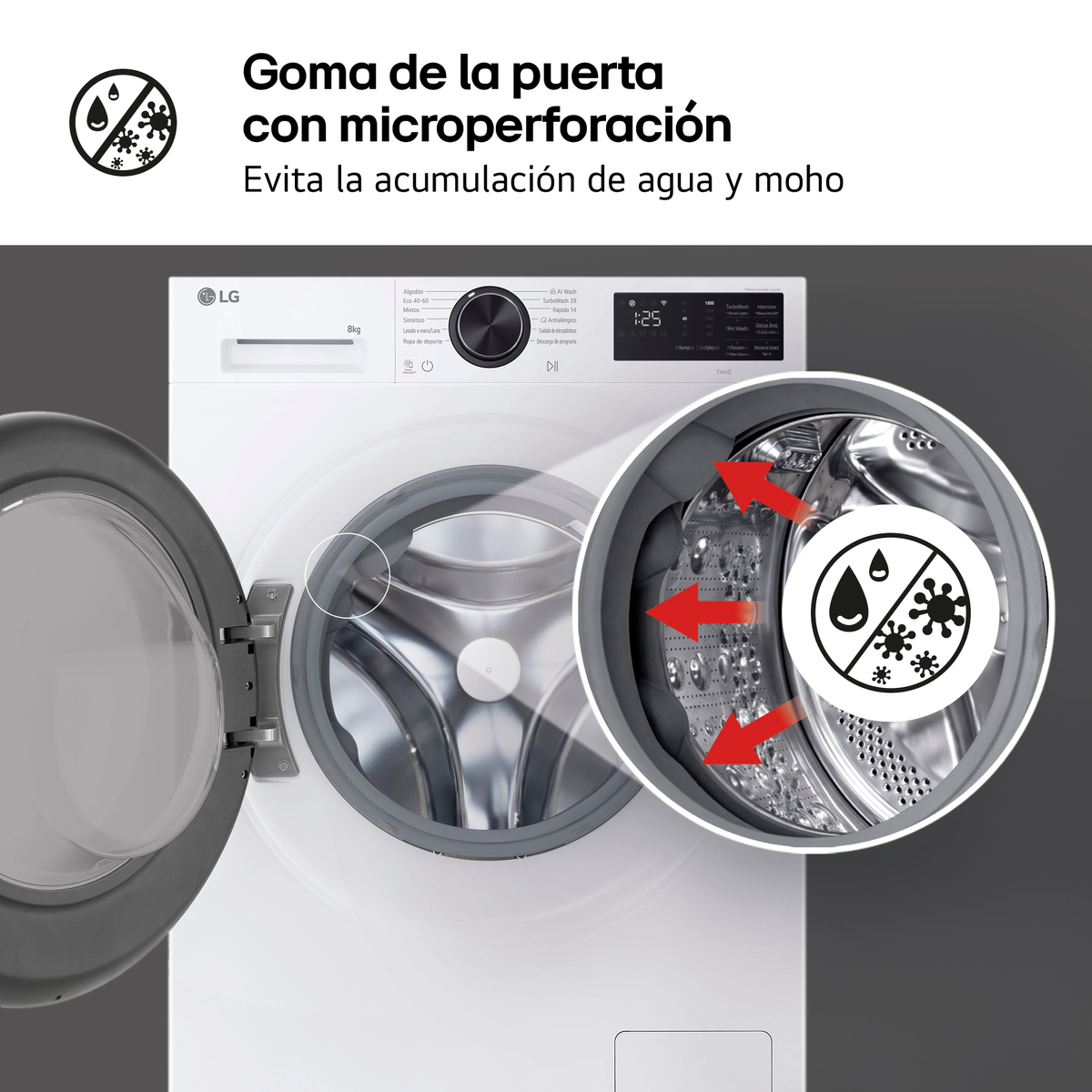 Lavadora con goma de puerta microperforada, evita acumulación de agua y moho.