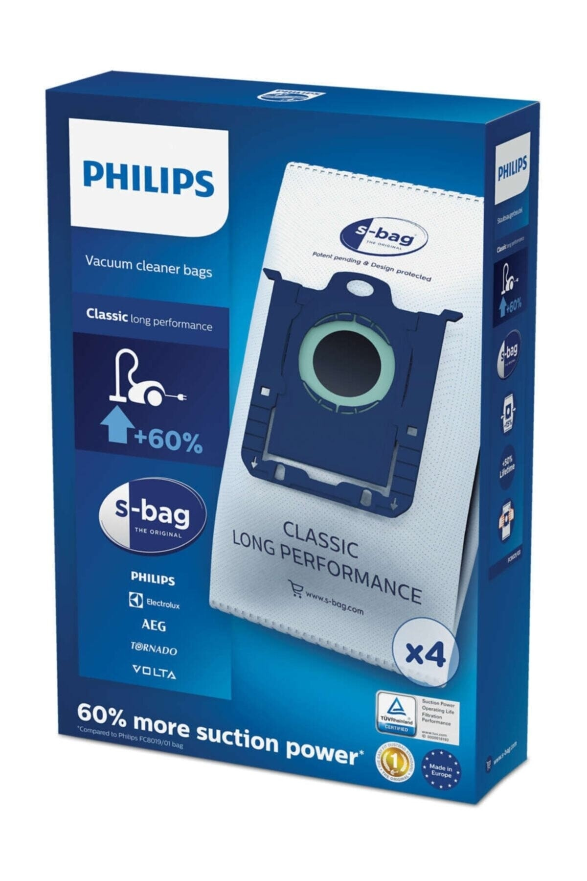 Philips elektrikli süpürge torbası ambalajı, Classic Long Performance, 4 adet.