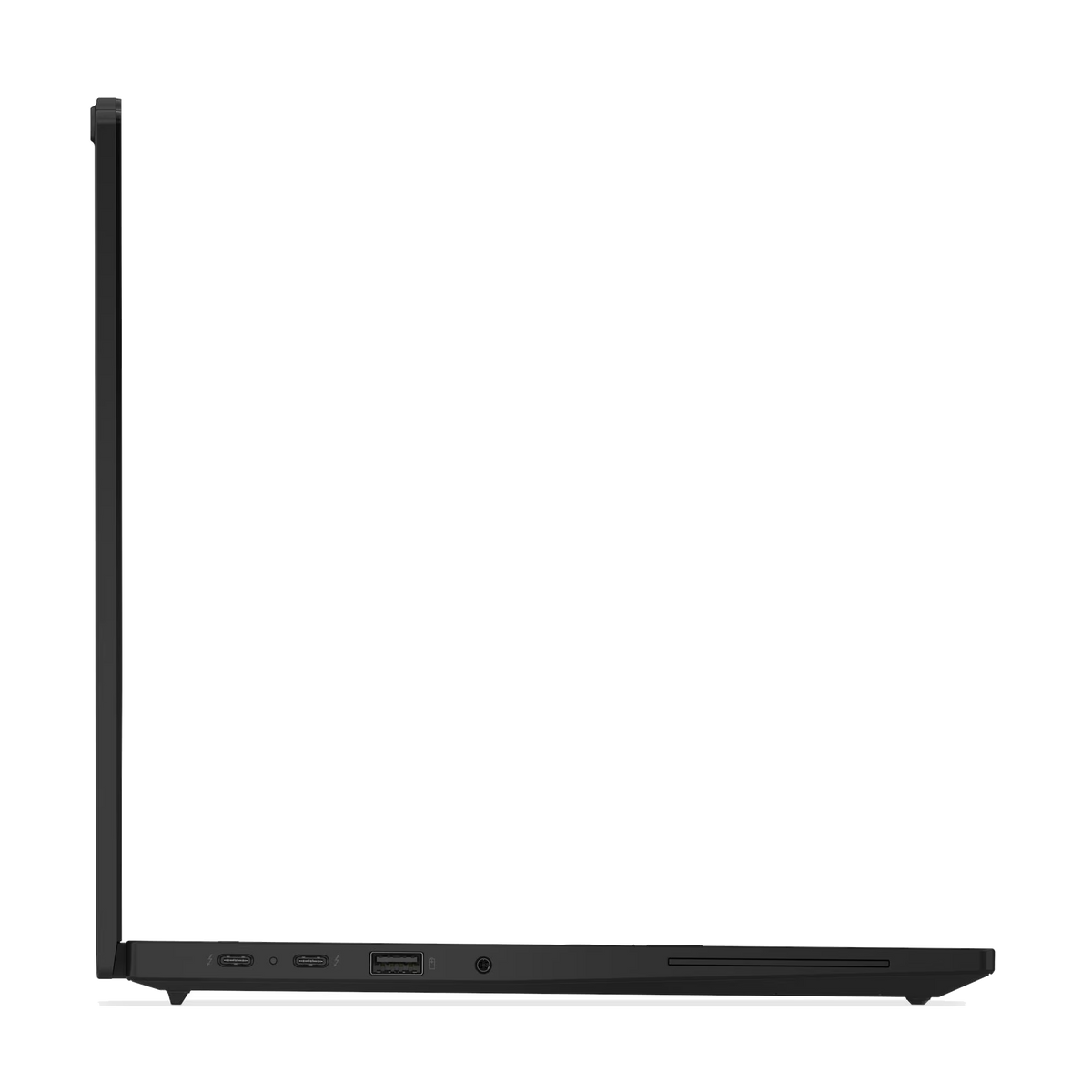 Vista laterale di un laptop nero chiuso che mostra le porte.