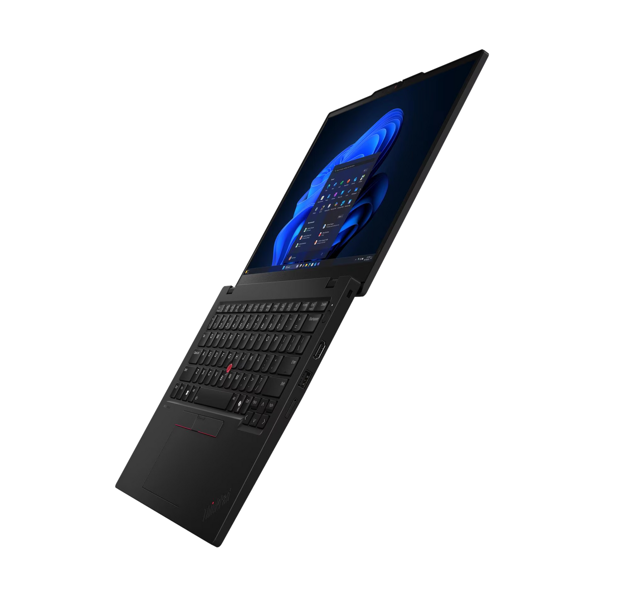 Laptop nero con tastiera retroilluminata e sfondo blu sullo schermo.