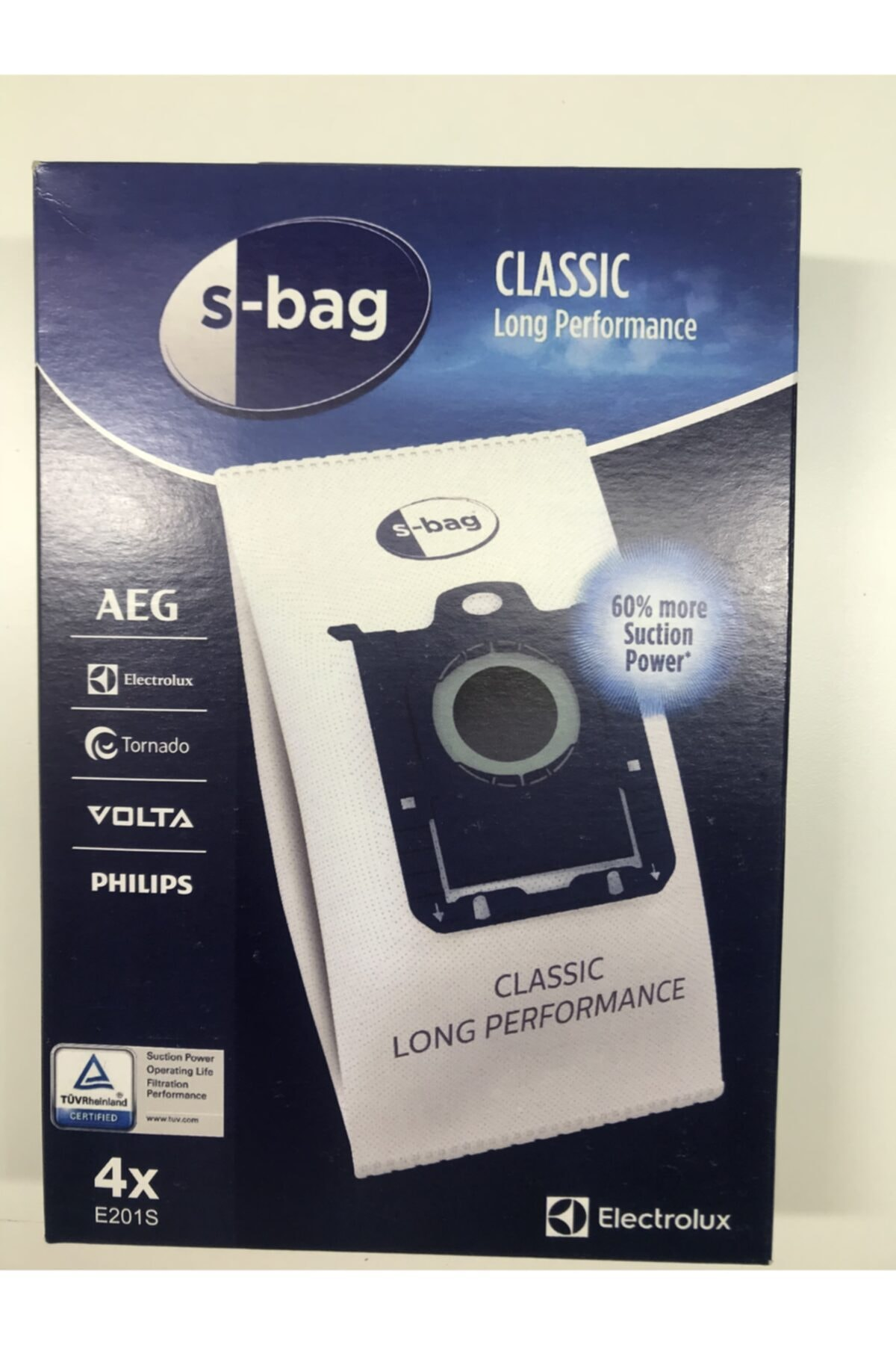 Marka logolu S-Bag Classic Long Performance elektrikli süpürge torbası kutusu.