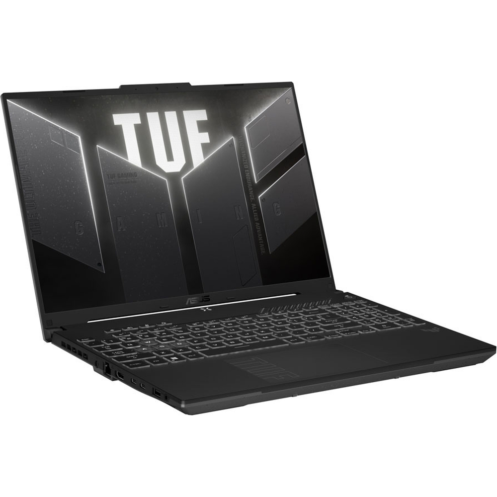 Ekranında TUF logosu ve arkadan aydınlatmalı klavyesi olan açık, siyah bir oyuncu dizüstü bilgisayarı.