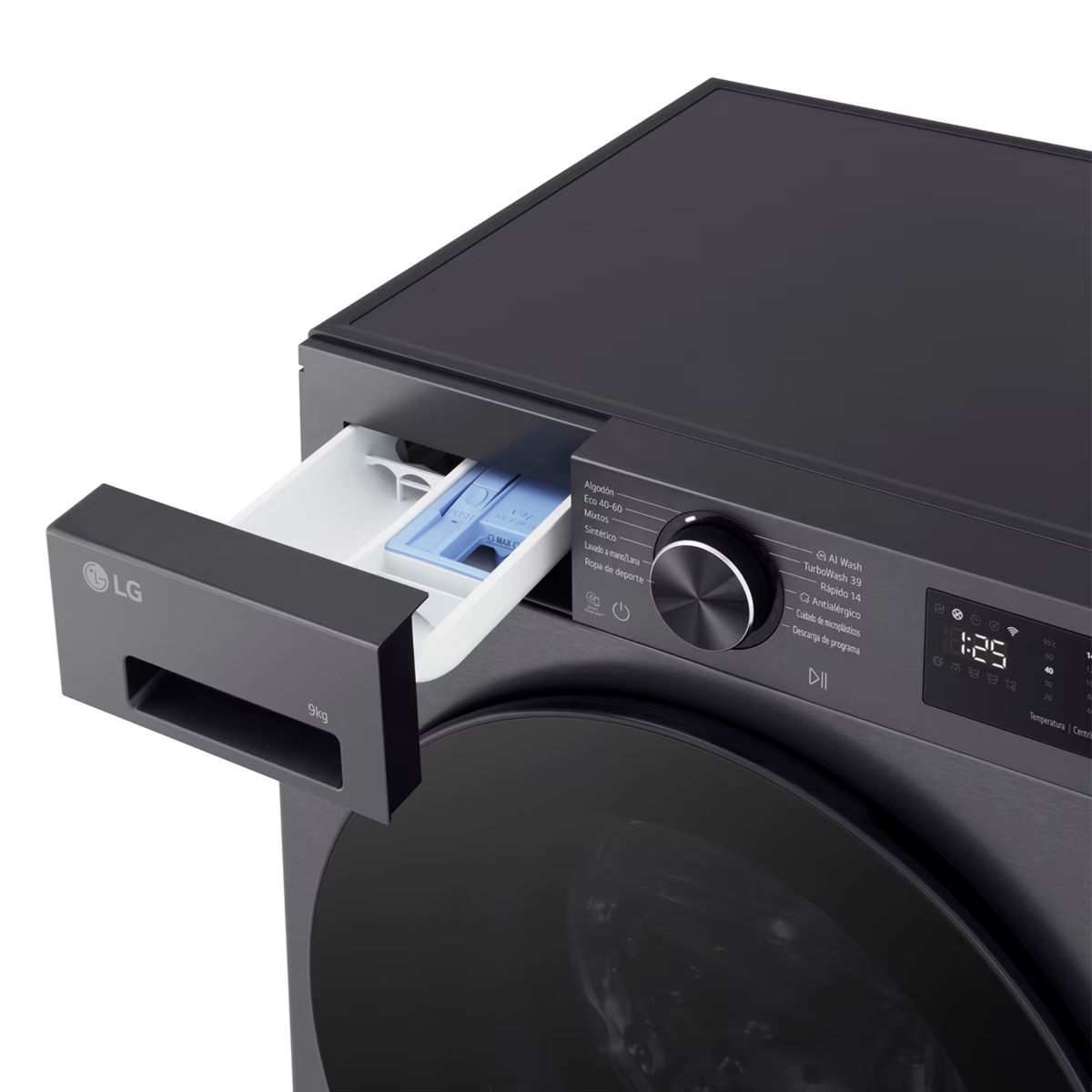 Una lavadora LG gris con el cajón del detergente extraído y el panel de control.