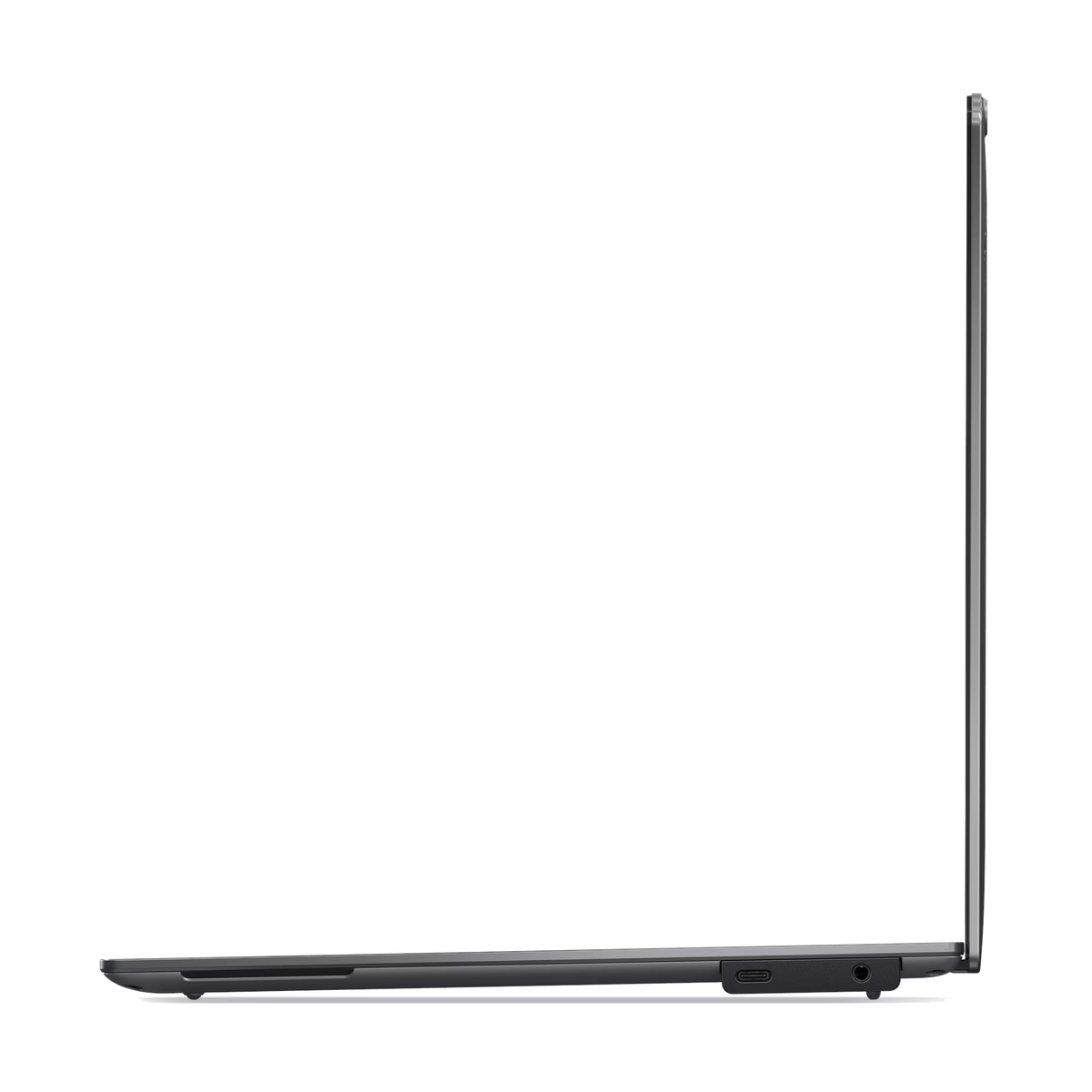 Vista lateral de un portátil delgado y oscuro con puertos USB-C y de auriculares.