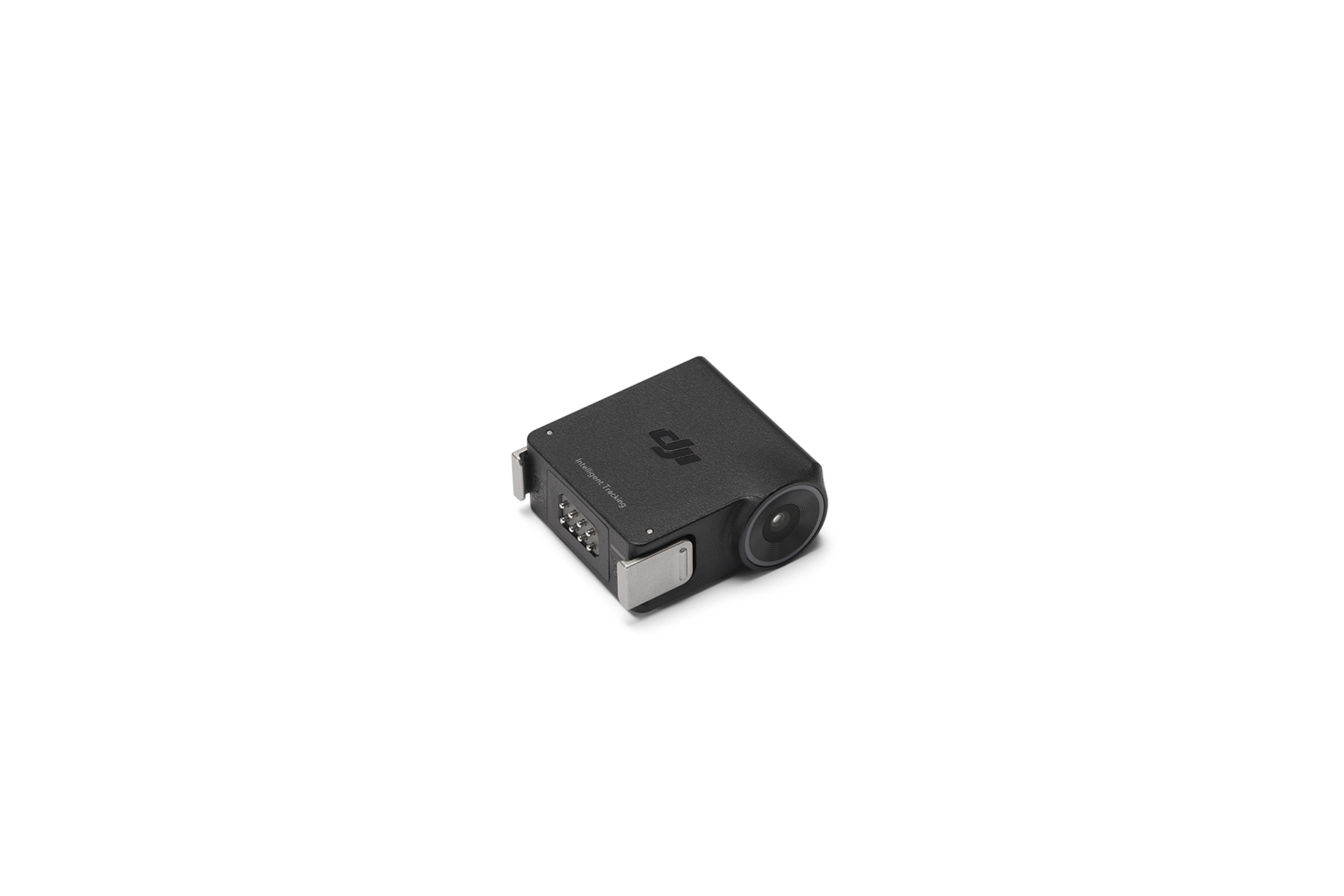 Pequeño dispositivo DJI negro con lente y conectores.