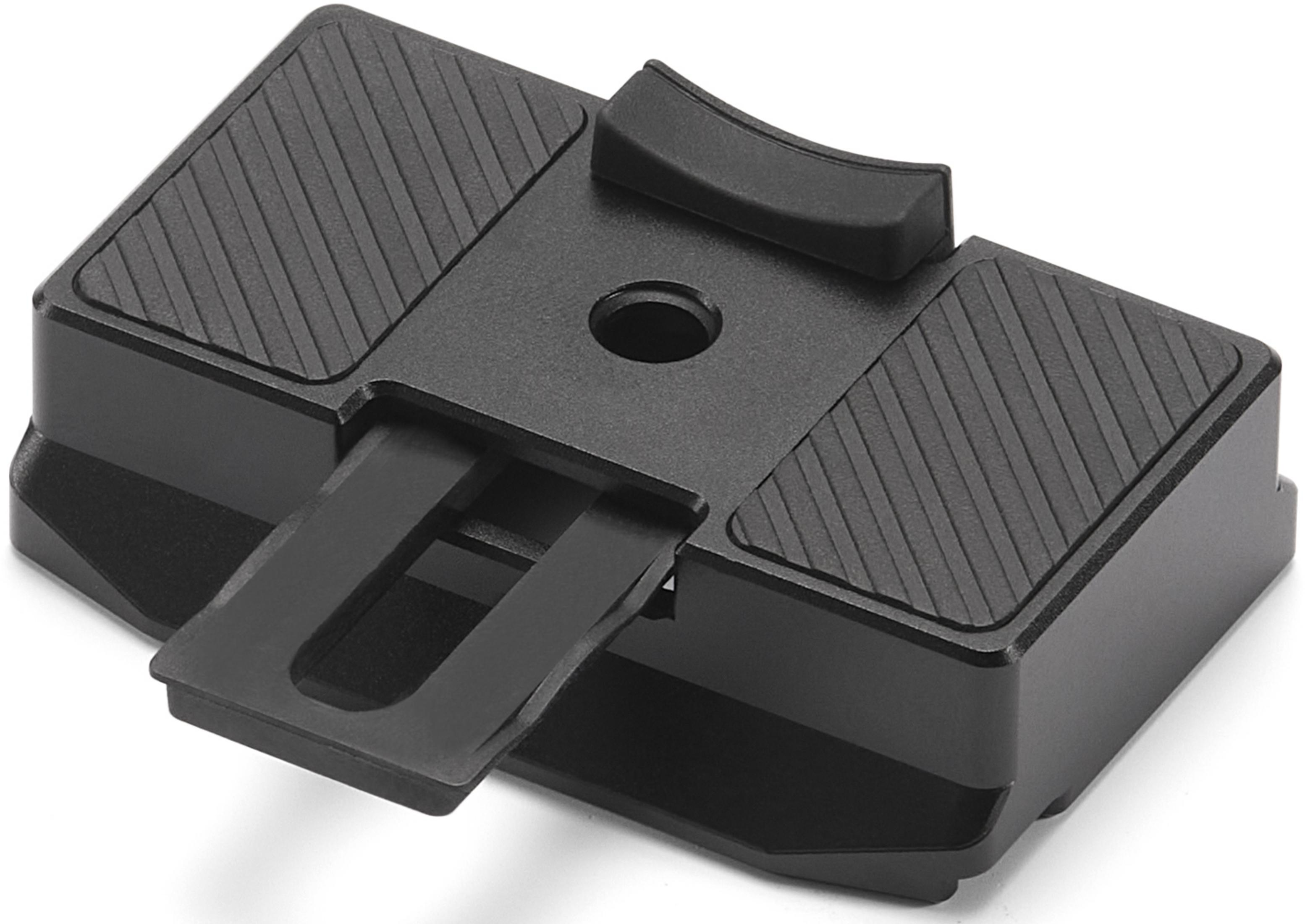 Un adaptador de trípode de cámara negro con agarres de goma y palanca.