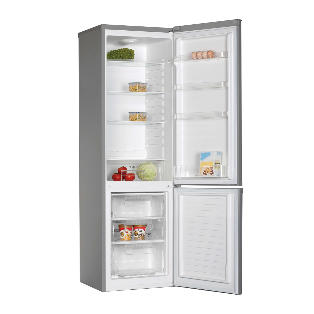 Un refrigerador abierto con alimentos como uvas, huevos, tomates, repollo y helado.