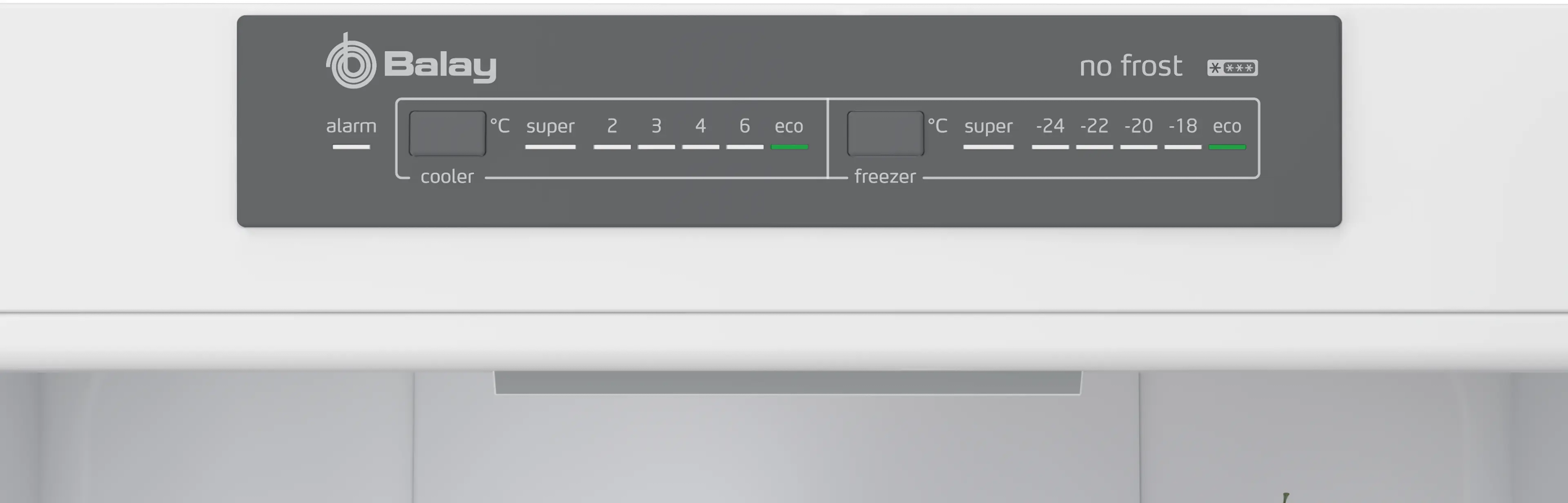 Panel de control Balay No Frost con ajustes de temperatura.