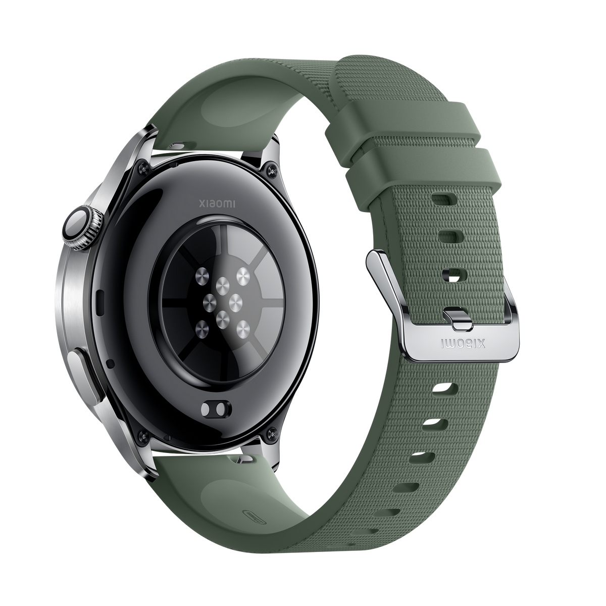 Vista trasera de un smartwatch verde con sensores de frecuencia cardíaca y hebilla plateada.