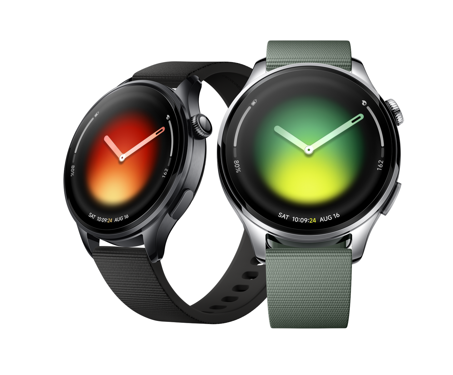 Zwei Smartwatches nebeneinander, schwarz und silberfarben, mit bunten Zifferblättern.