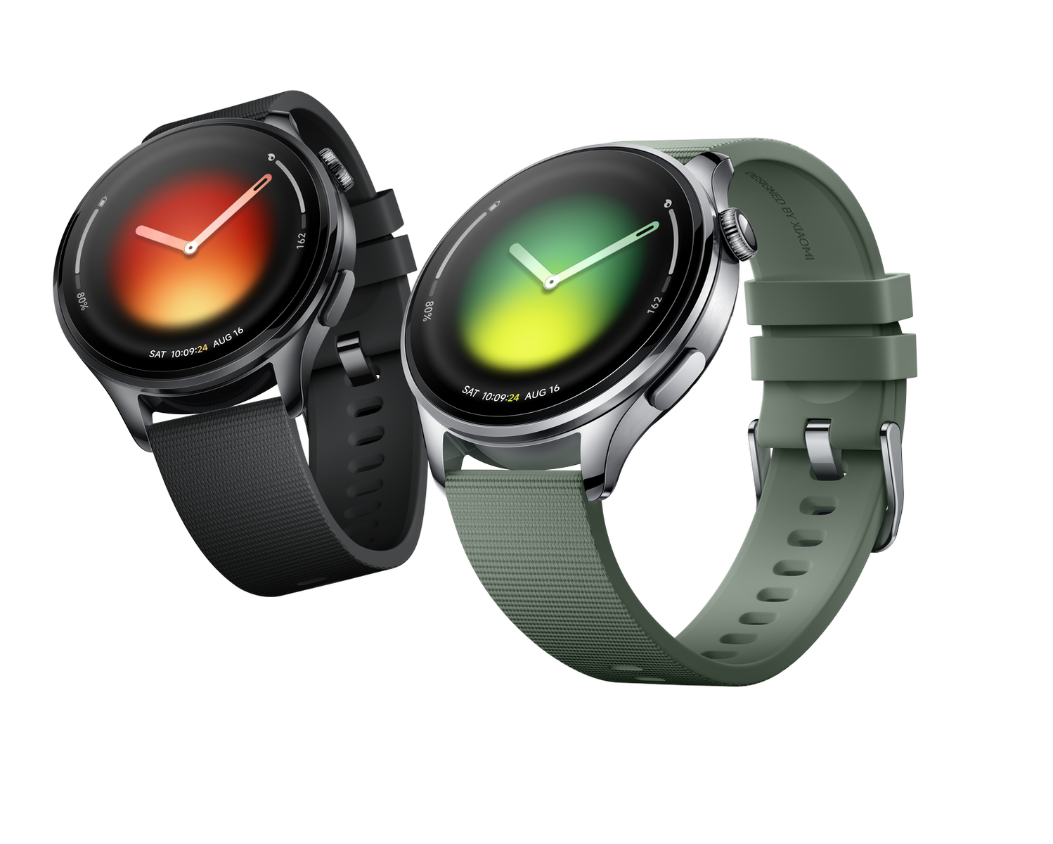 Zwei Smartwatches mit farbigen Zifferblättern, eine schwarz, eine grün.