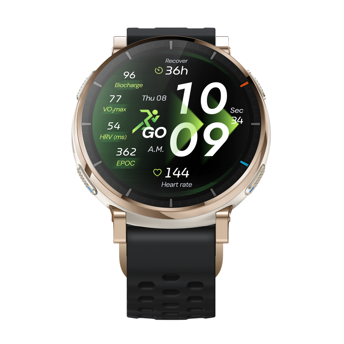 Eine goldene Smartwatch mit schwarzem Band zeigt Fitnessdaten: 10:09 Uhr, 144 Herzfrequenz.
