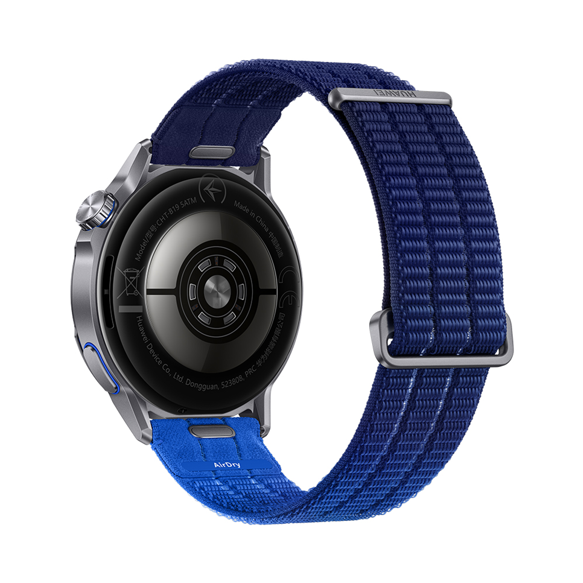 Primo piano di uno smartwatch con cinturino in tessuto blu. Il retro è visibile.
