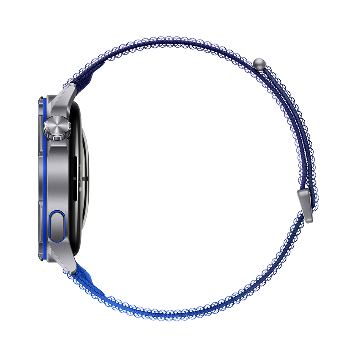 Smartwatch argentato con cinturino blu intrecciato e fibbia argentata.