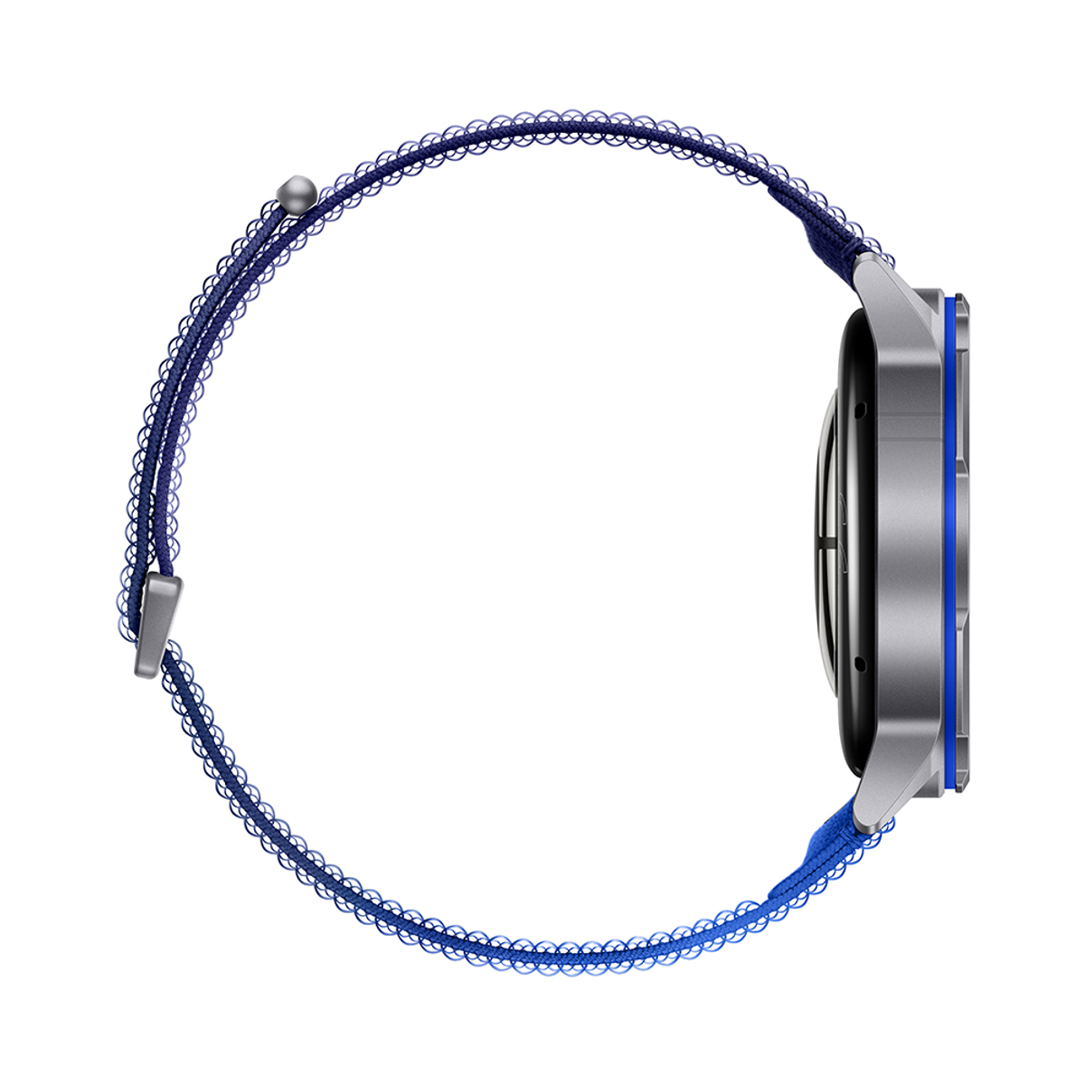 Uno smartwatch con cassa argentata e cinturino blu decorato.