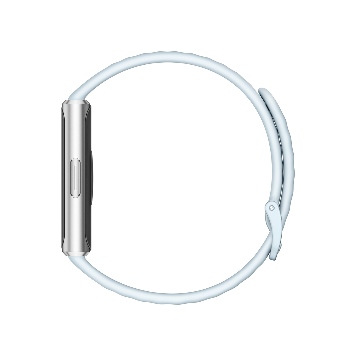 Cassa smartwatch argentata con cinturino azzurro, vista laterale.