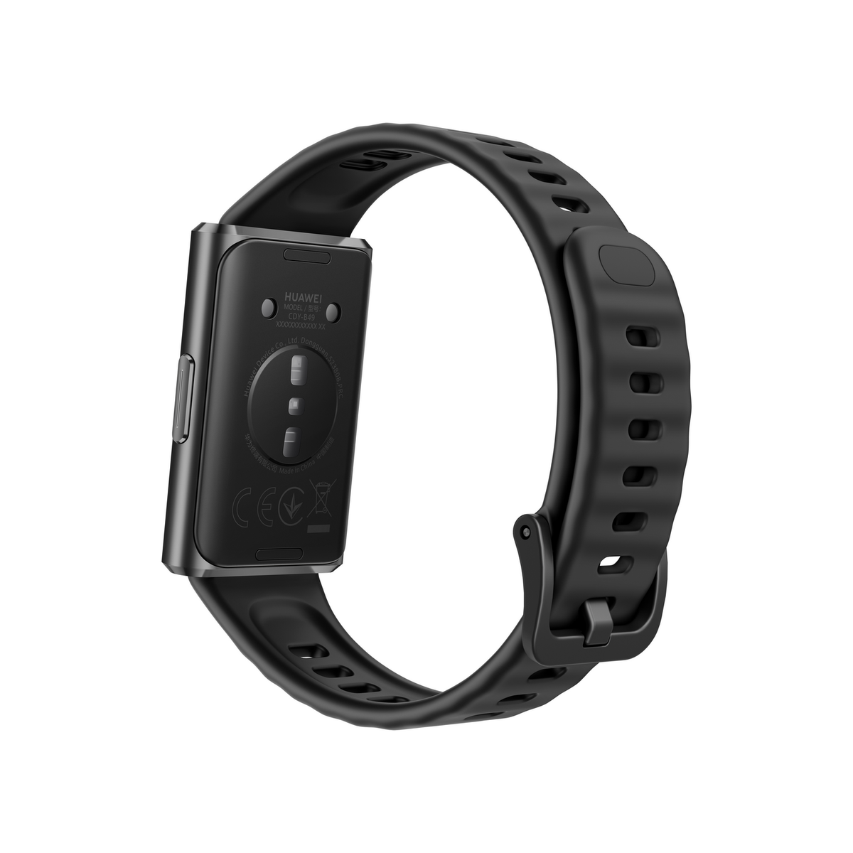 Un fitness band Huawei nero con cassa argentata e chiusura a fibbia.
