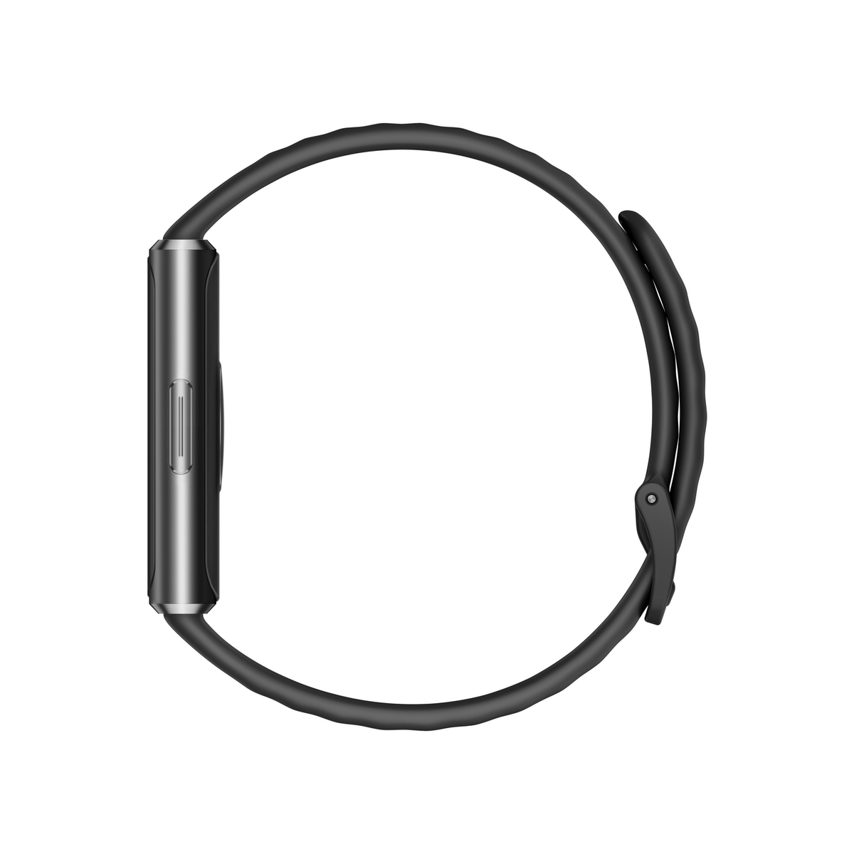 Orologio intelligente grigio con cinturino nero, vista laterale.