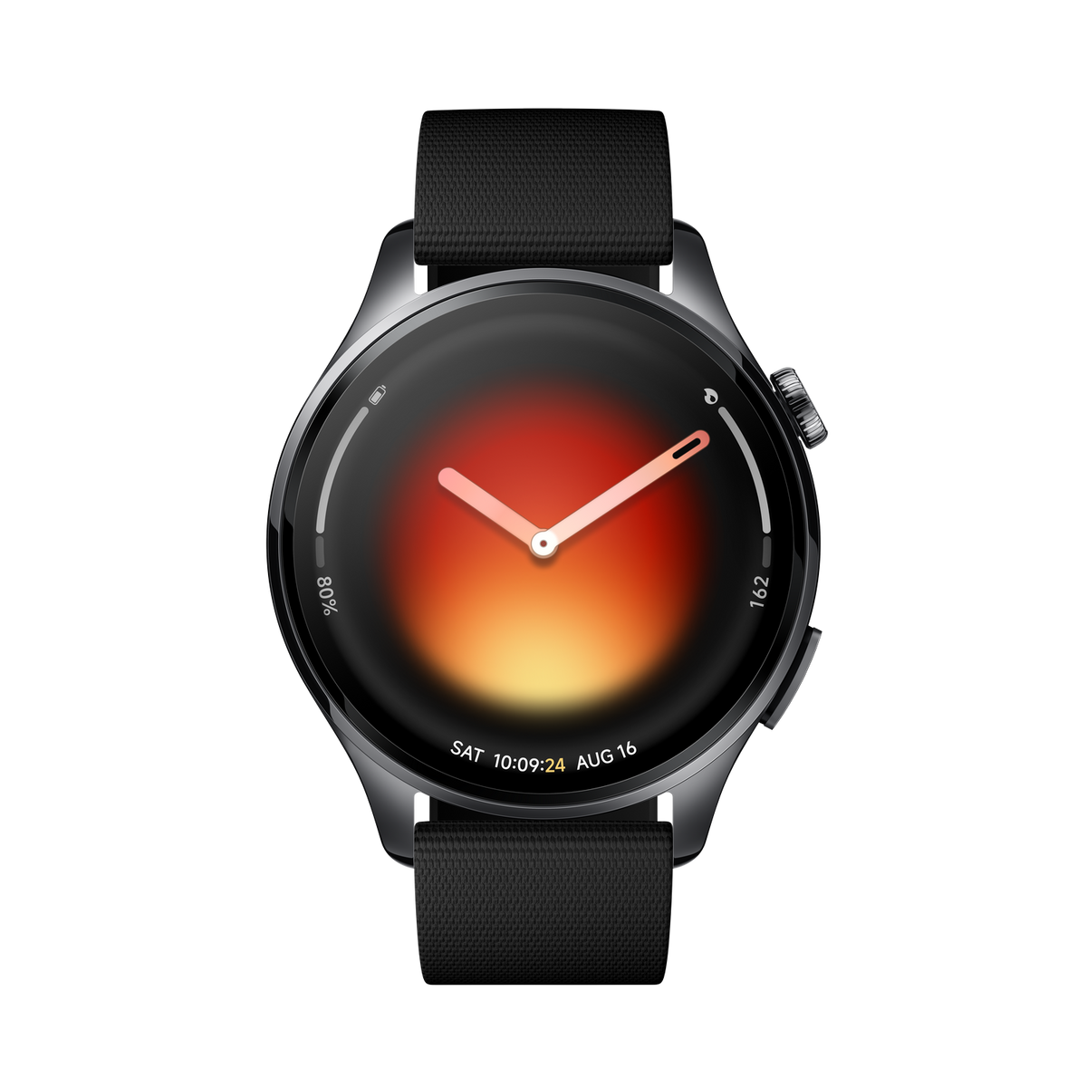 Eine Smartwatch mit schwarzem Band und einem Zifferblatt mit Farbverlauf.