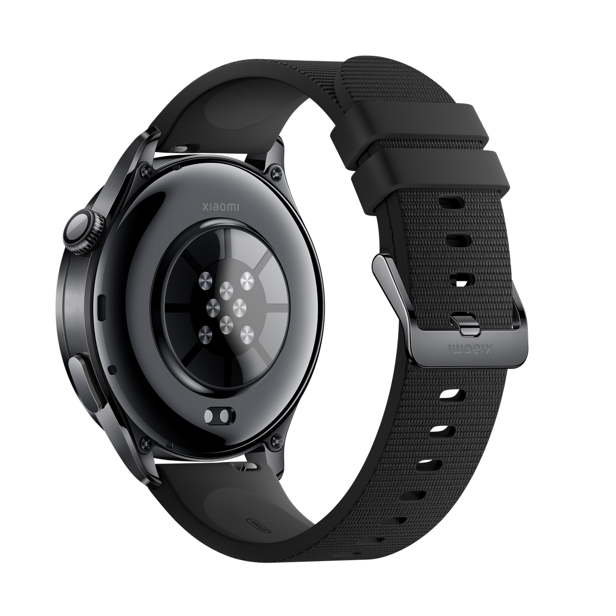Rückseite einer schwarzen Xiaomi Smartwatch mit Herzfrequenzsensor und Texturarmband.