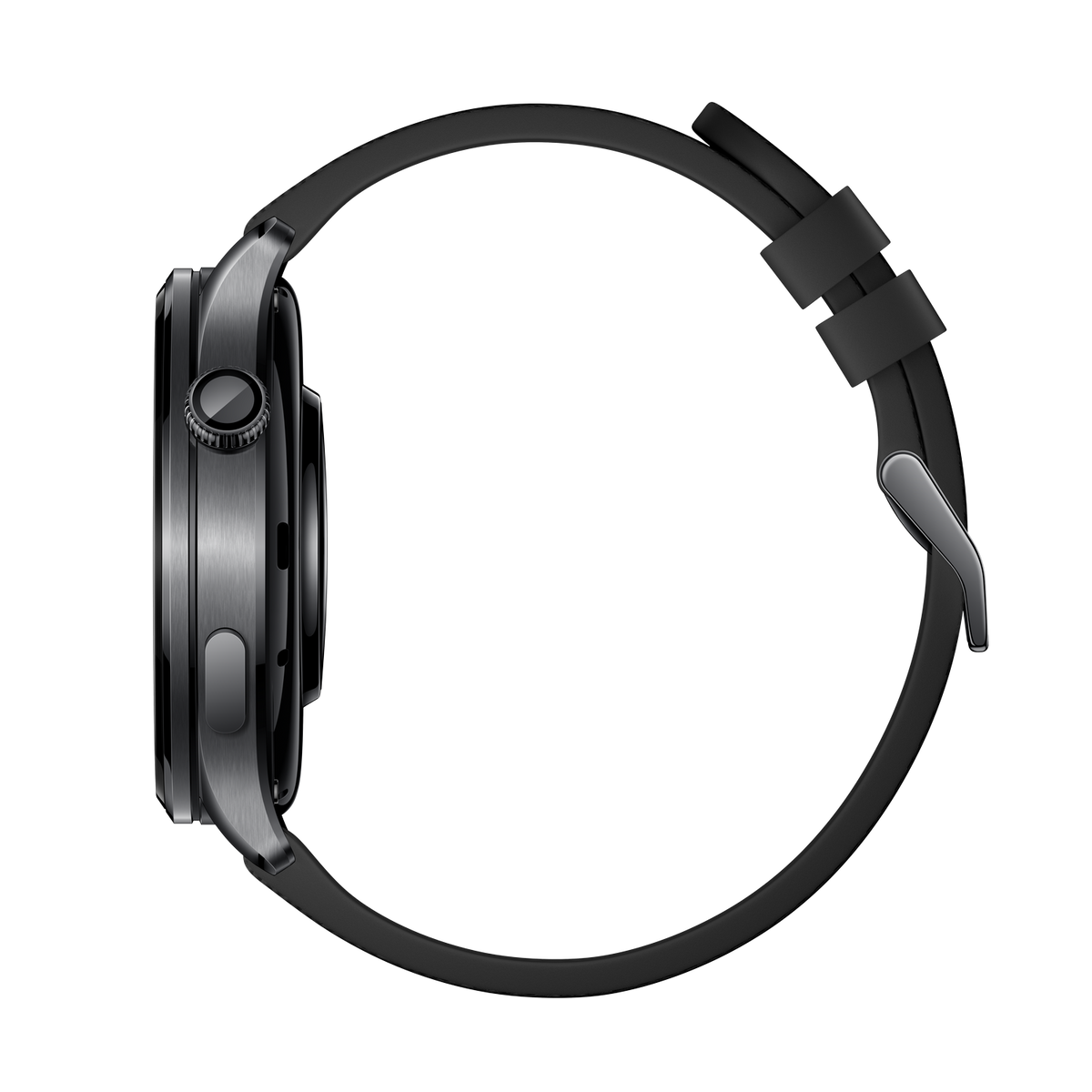 Graue Smartwatch mit schwarzem Armband im Profil auf schwarzem Hintergrund.