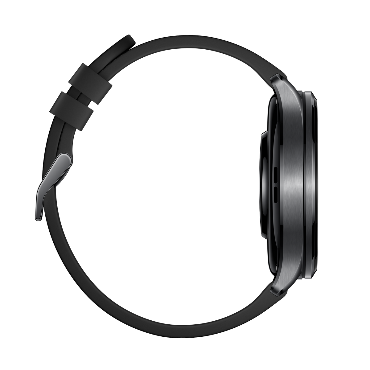 Graue Smartwatch mit schwarzem Armband und silberner Schnalle, von der Seite.