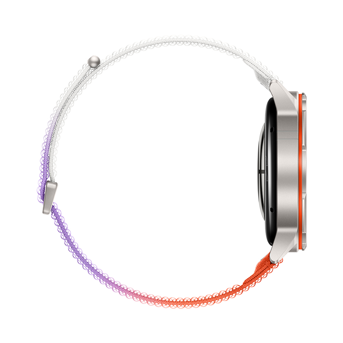 Smartwatch argentato con cinturino sfumato da bianco a viola e arancione.