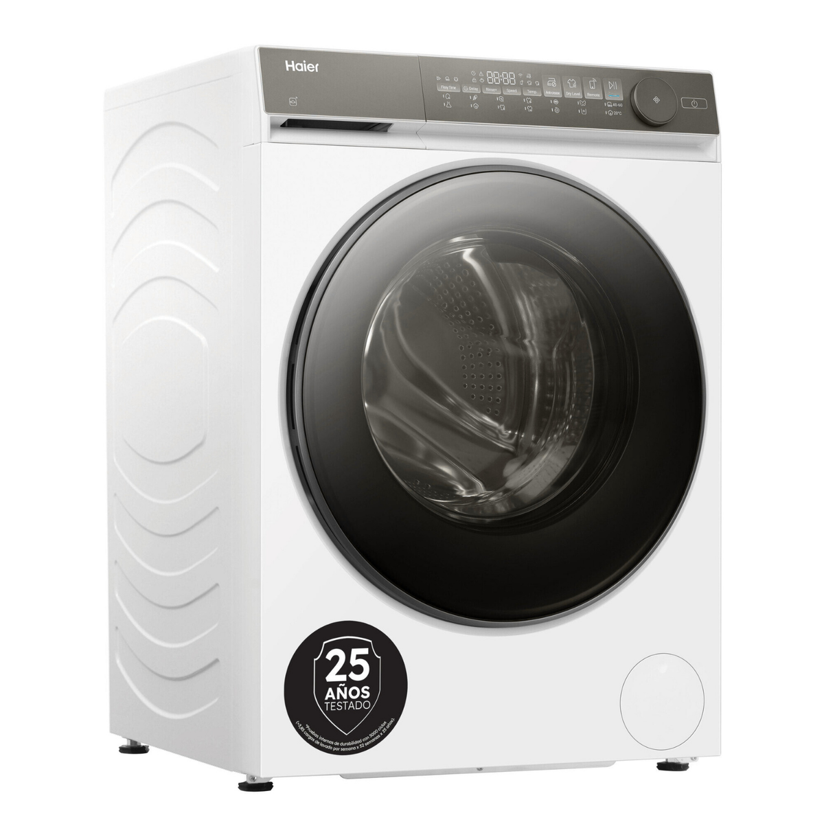 Una lavadora Haier blanca con puerta negra y panel de control digital.