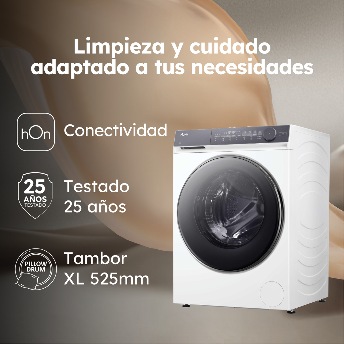 Lavadora blanca con puerta negra y pantalla digital. Texto sobre conectividad.
