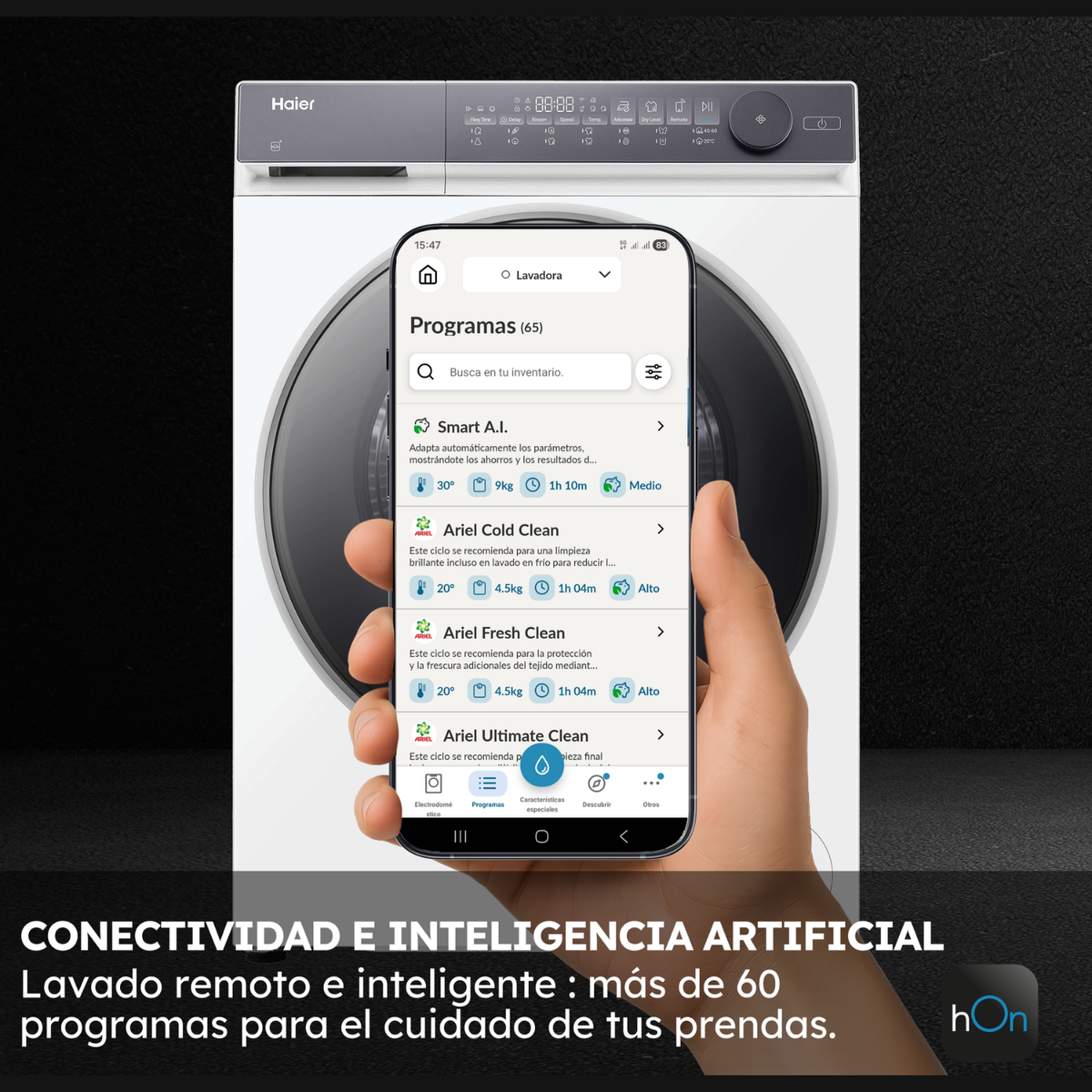 Lavadora Haier con app móvil para selección de programas. Lavado inteligente.