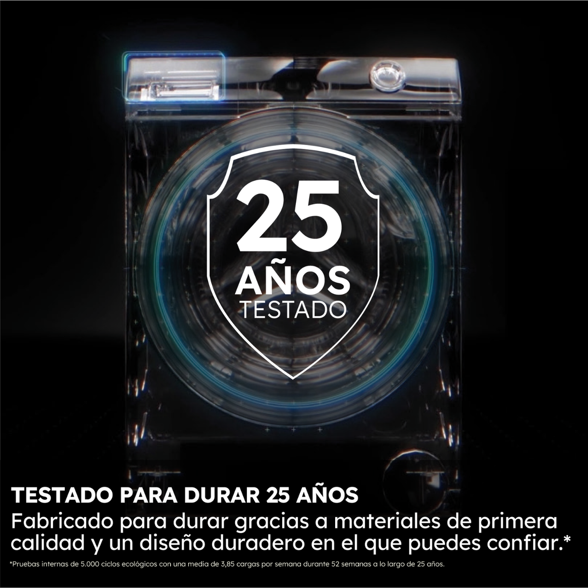 Una lavadora con un escudo que dice "25 años probado".
