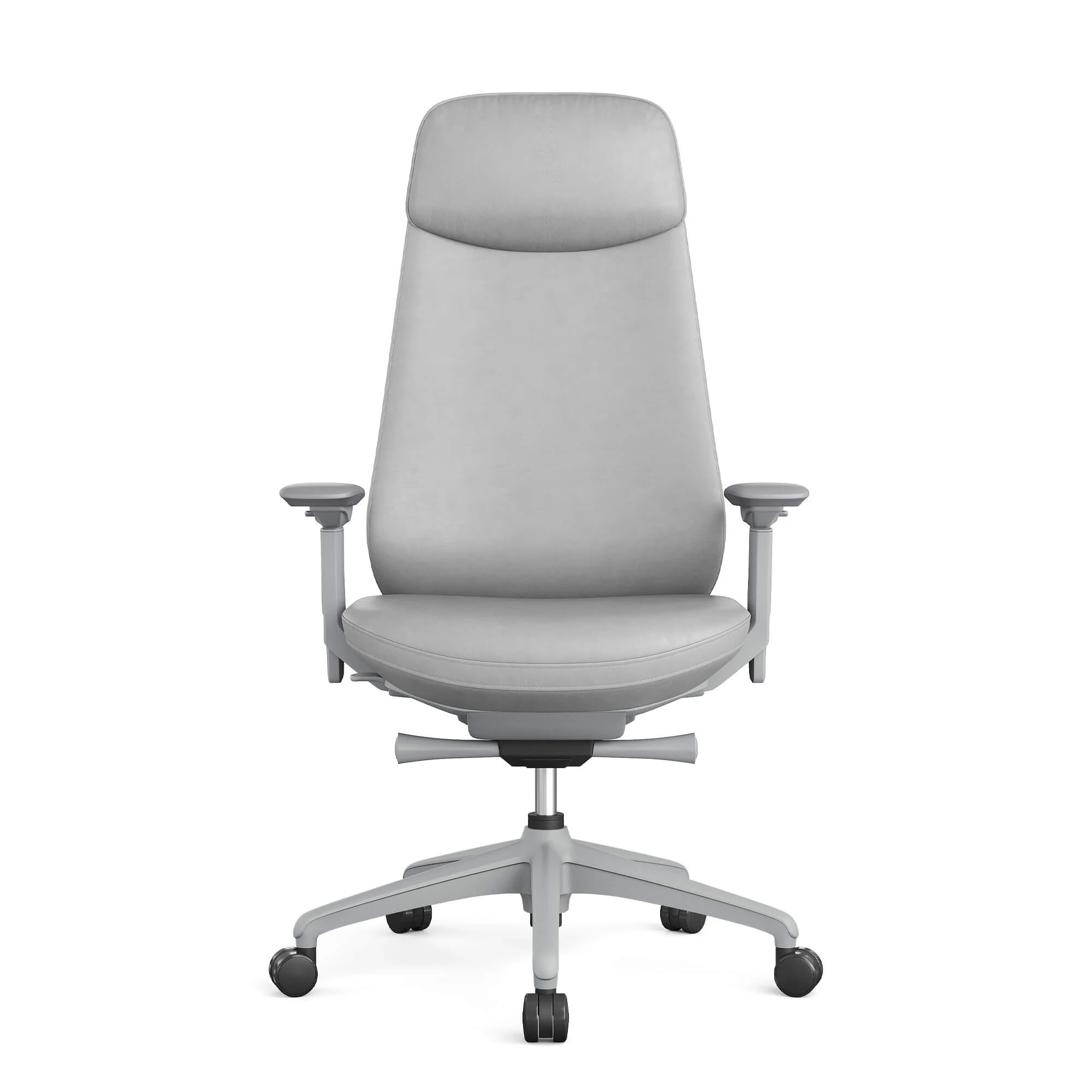 Szare krzesło biurowe z wysokim oparciem i podłokietnikami na kółkach.