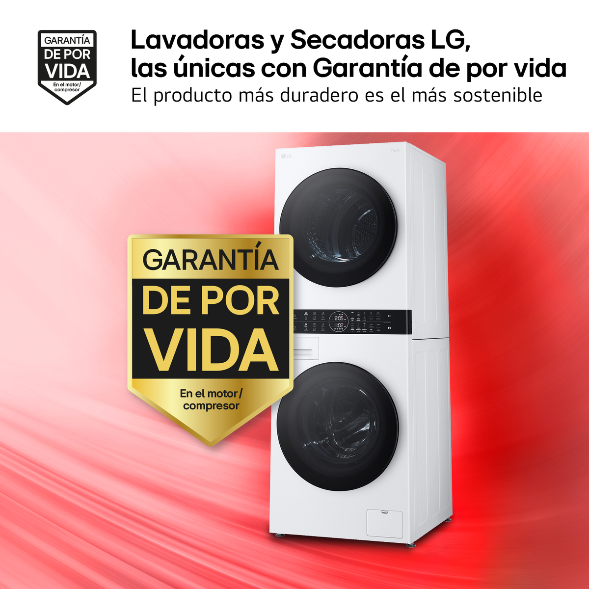 Lavadora y secadora LG apiladas blancas con insignia de garantía de por vida.