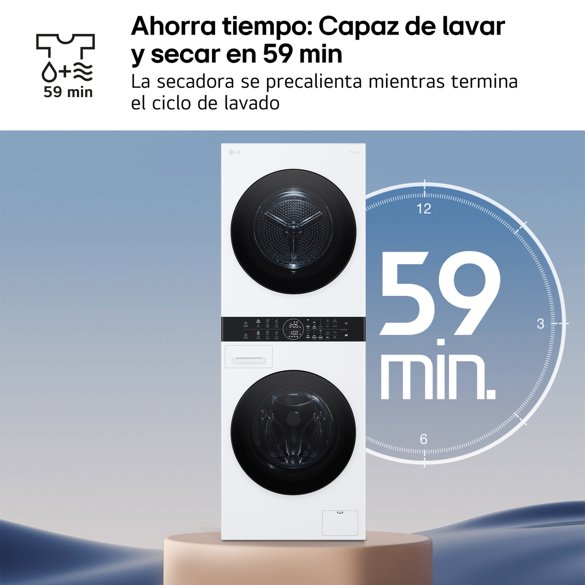 Una unidad blanca de lavadora-secadora LG con panel de control y temporizador.