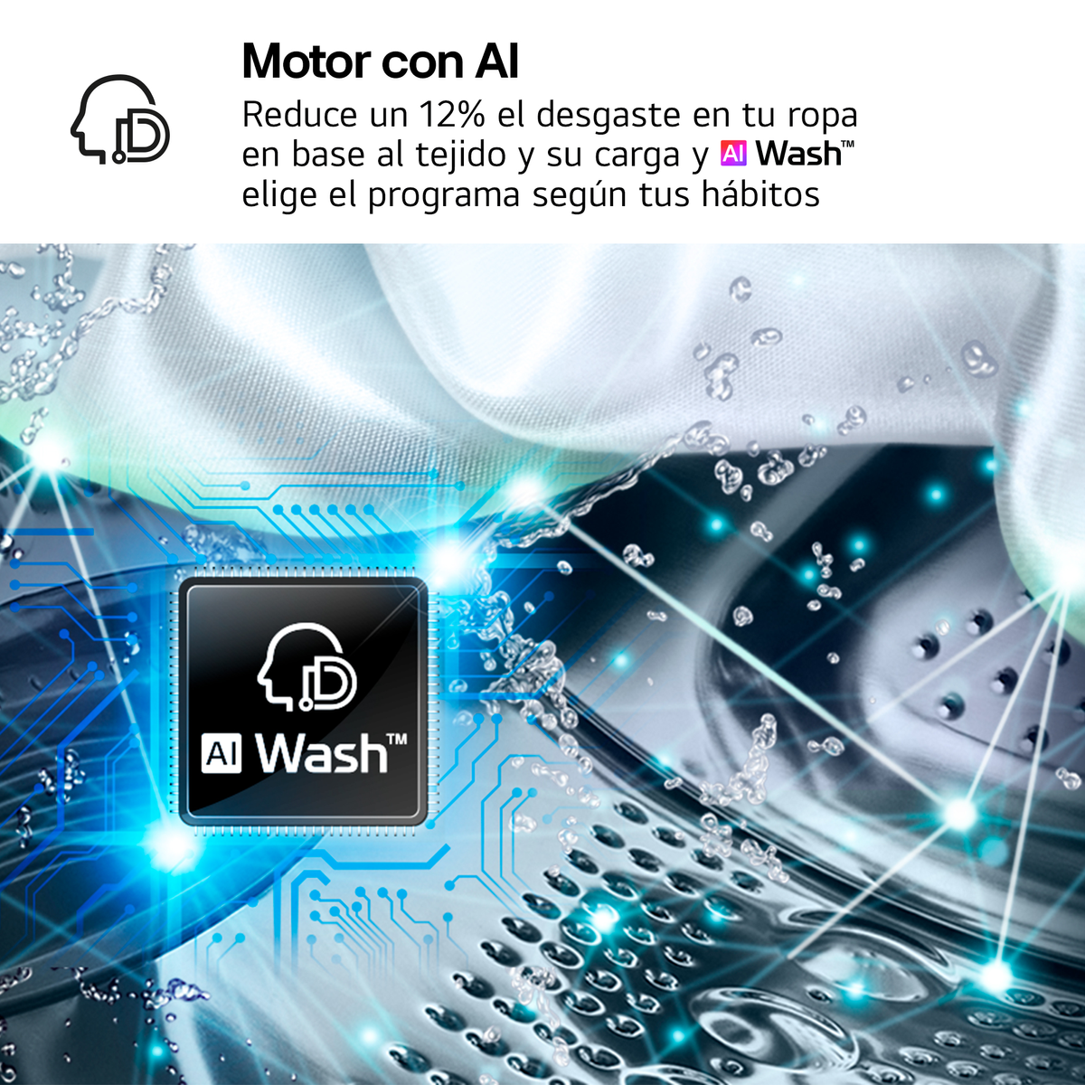 Un chip de IA con un icono de cabeza y "AI Wash" sobre fondo de agua y circuitos.