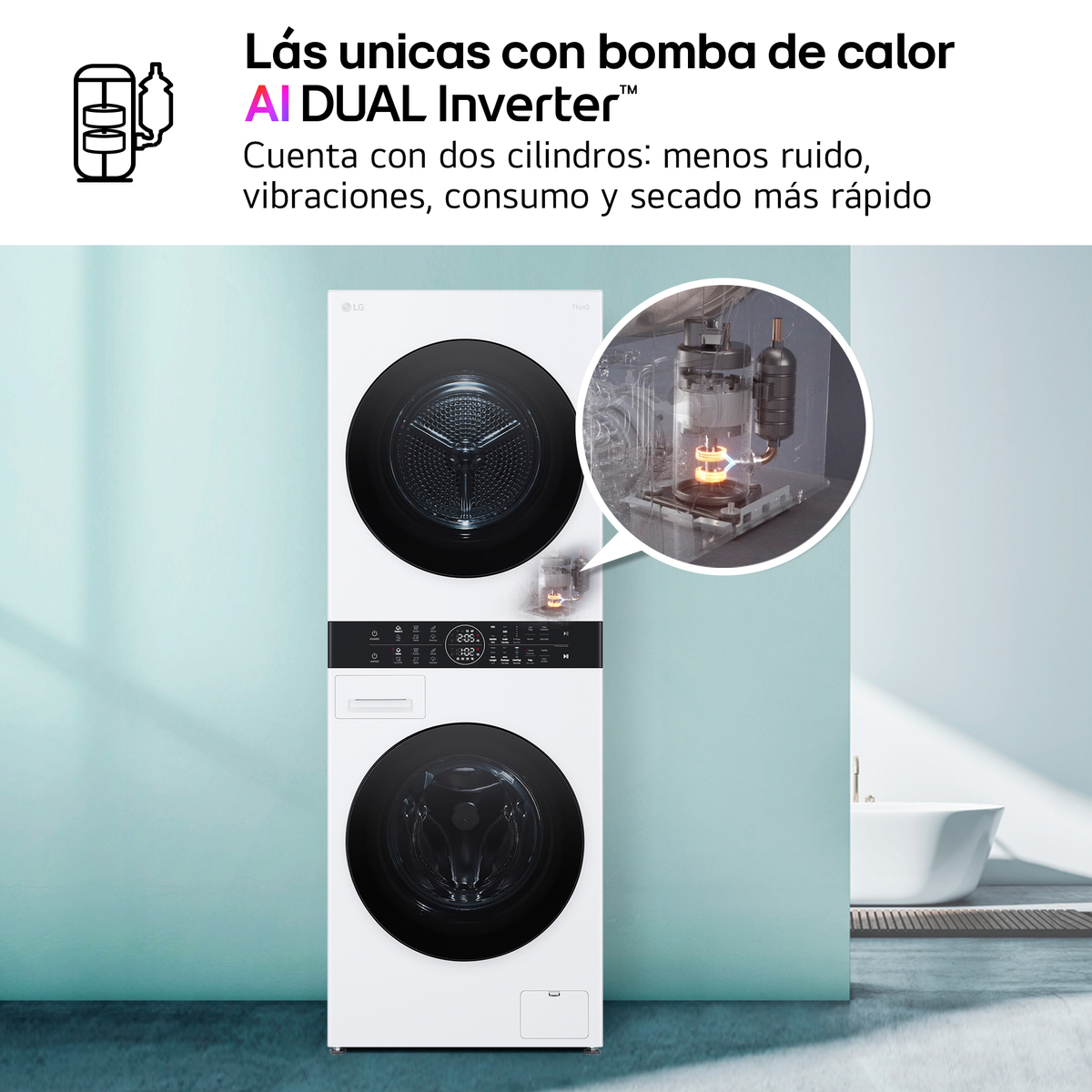 Secadora y lavadora blancas con vista detallada del compresor.