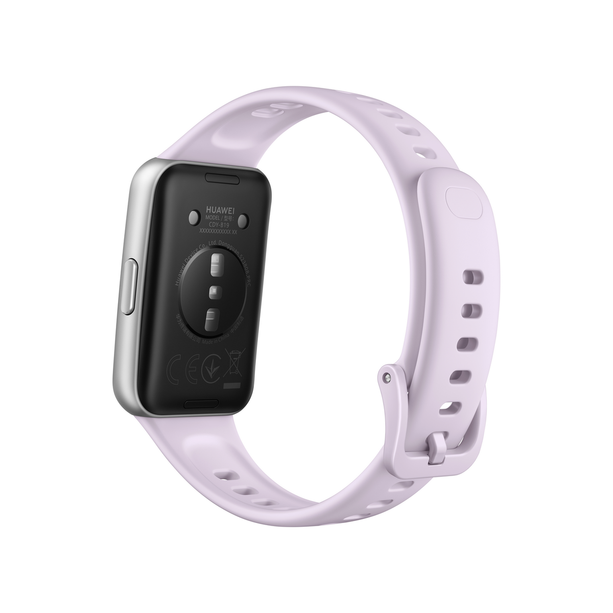 Retro di un fitness band Huawei lilla chiaro con cornice argentata.