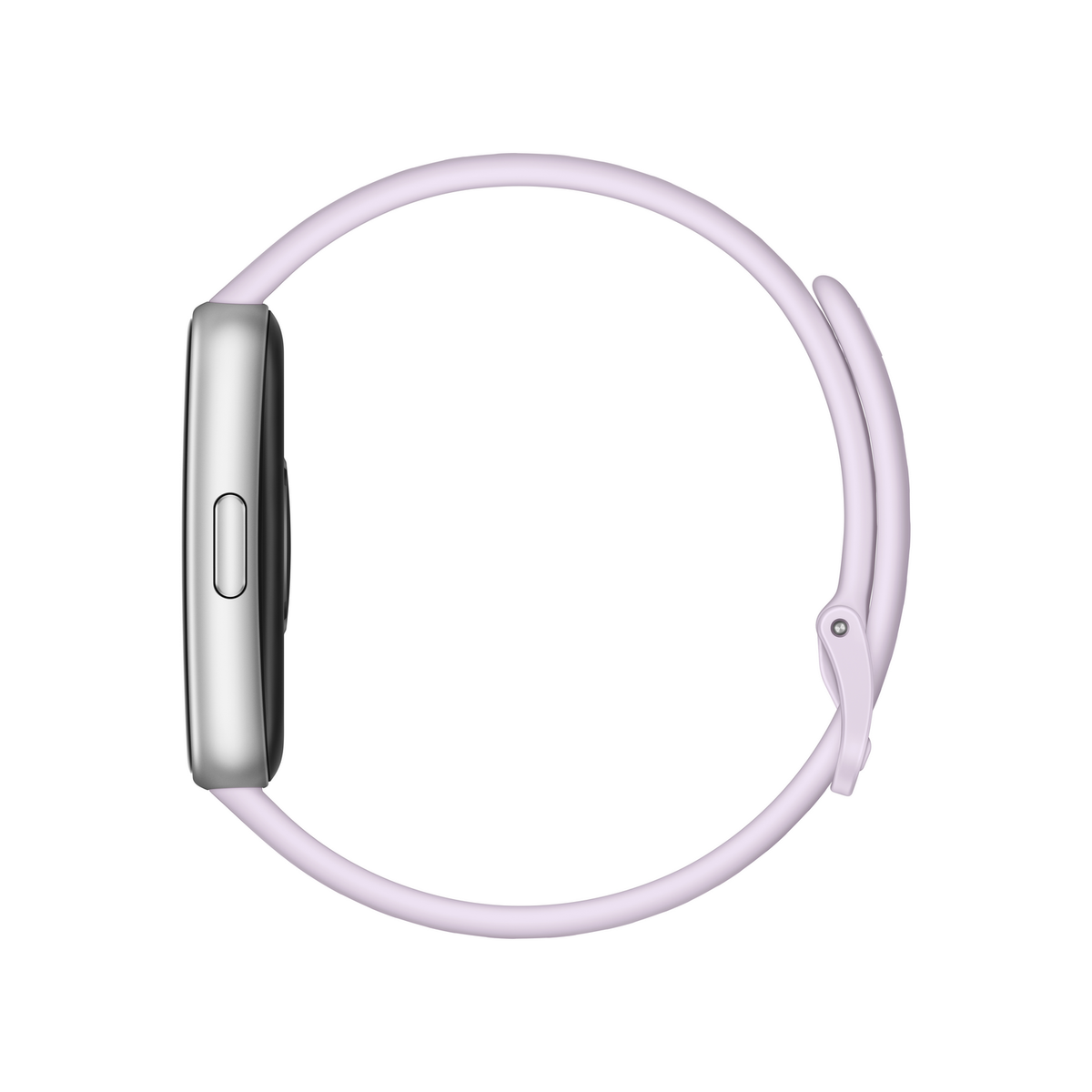 Smartwatch argentata con cinturino lilla chiaro, vista laterale.