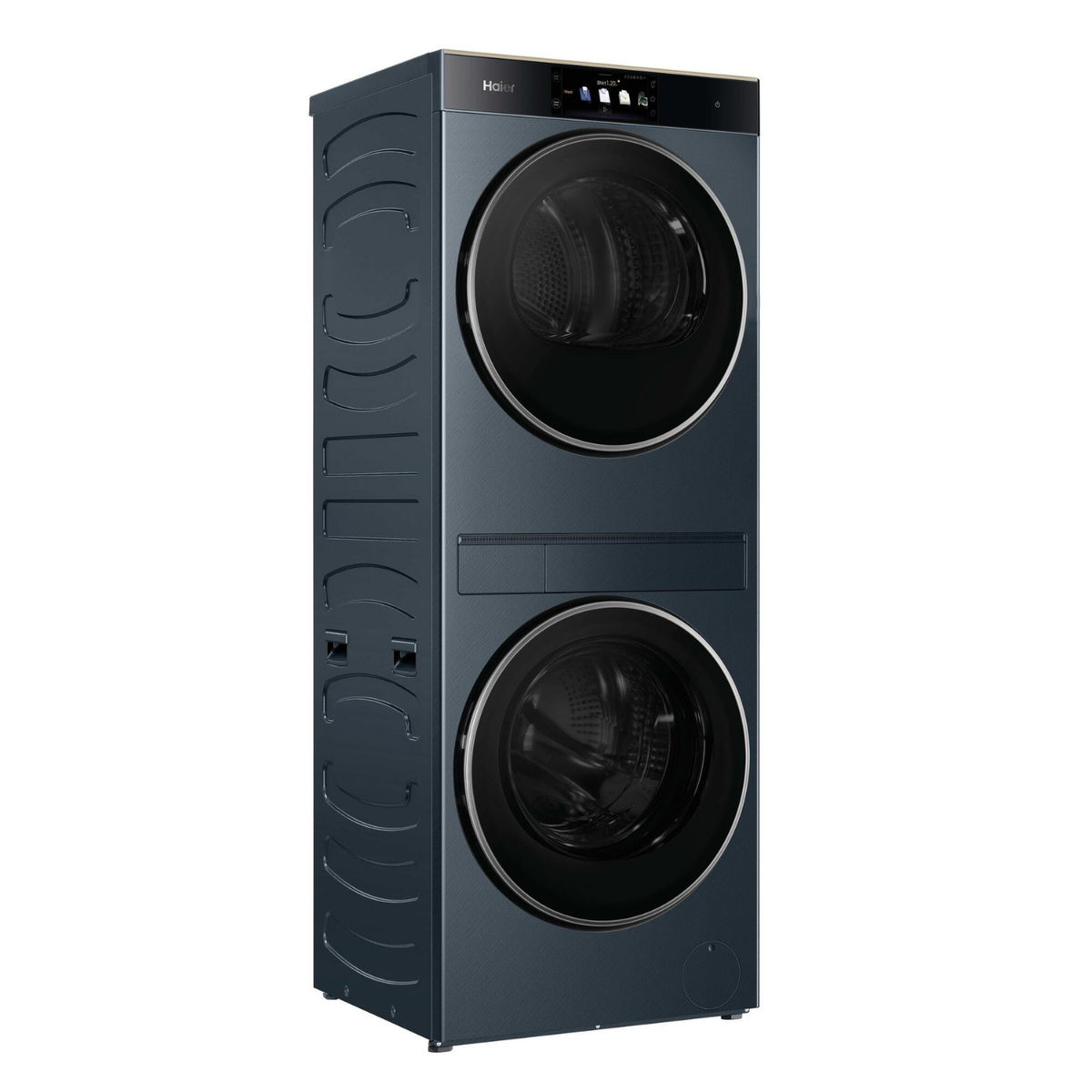 Un lavasecadora Haier azul oscuro con dos tambores apilados y panel de control.