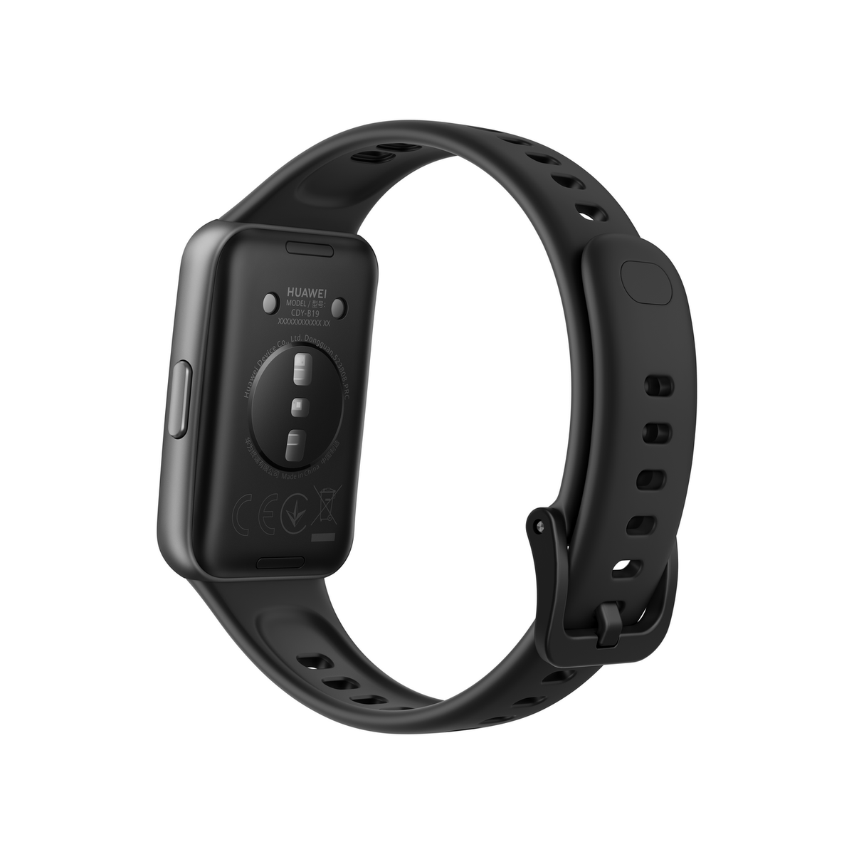 Vista posteriore di uno smartwatch Huawei nero, modello CDY-B19.