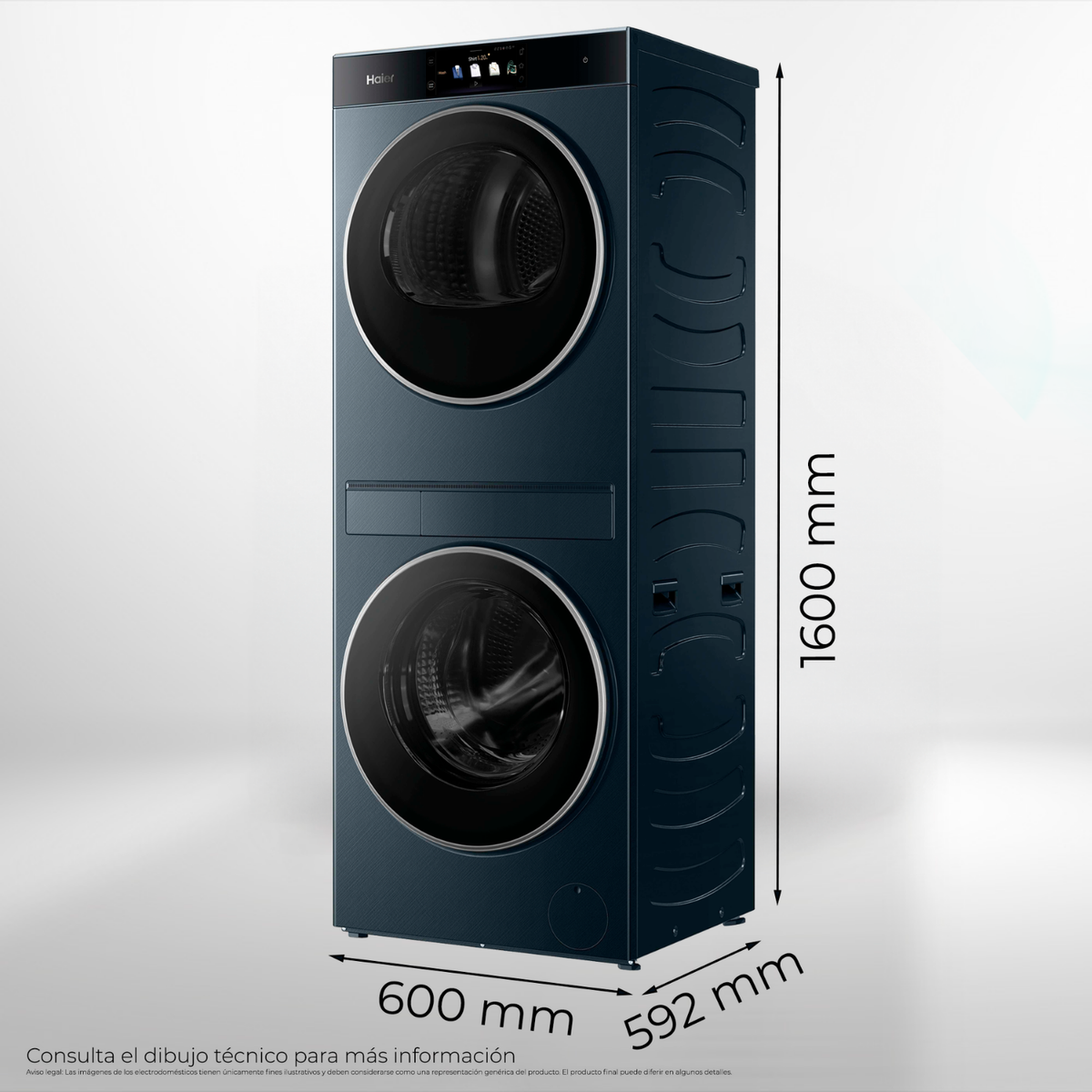 Lavadora-secadora Haier azul oscuro, 1600x600x592 mm. Arriba y abajo con puertas redondas.