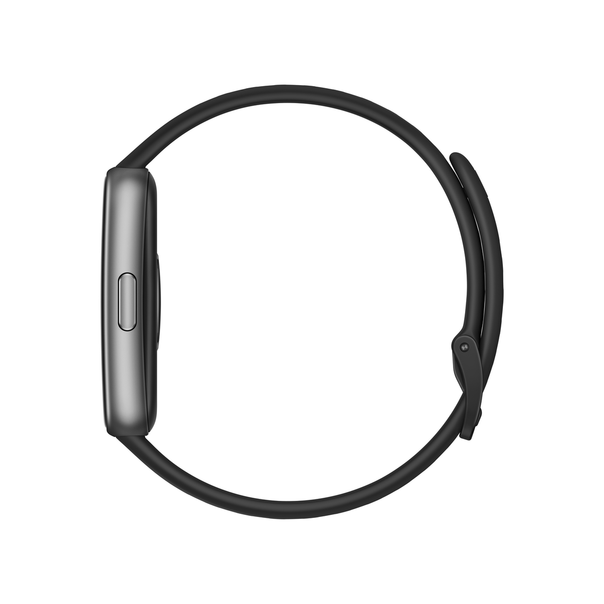 Smartwatch grigio con cinturino nero su sfondo bianco.