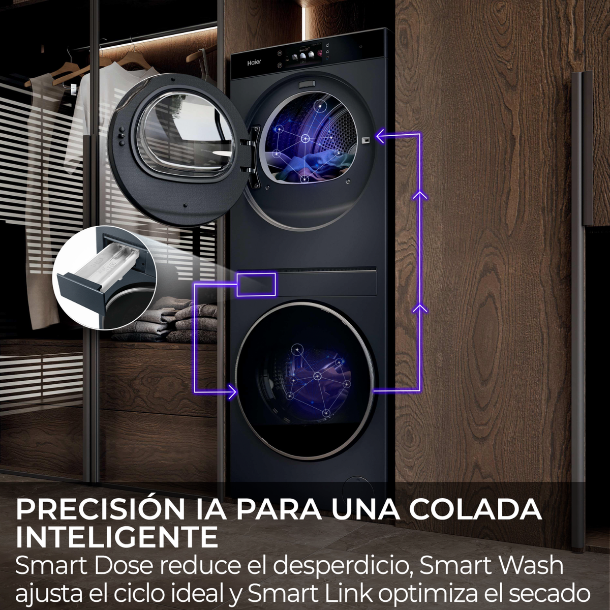 Lavadora Haier negra con puerta abierta mostrando el tambor interior y funciones inteligentes.