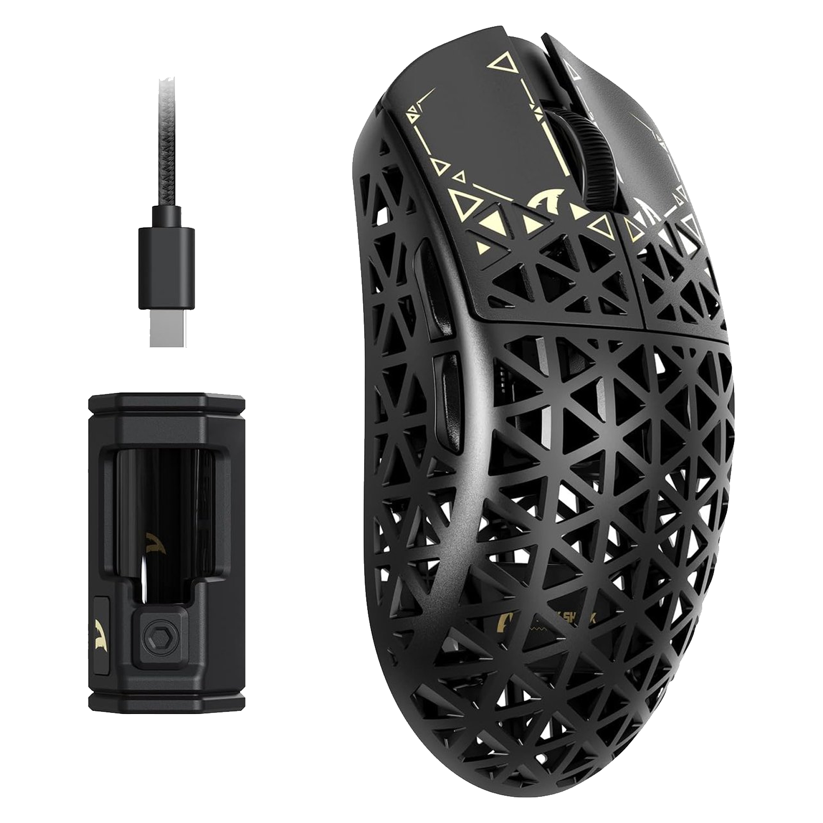 A black gaming mouse with honeycomb pattern and charging accessories.