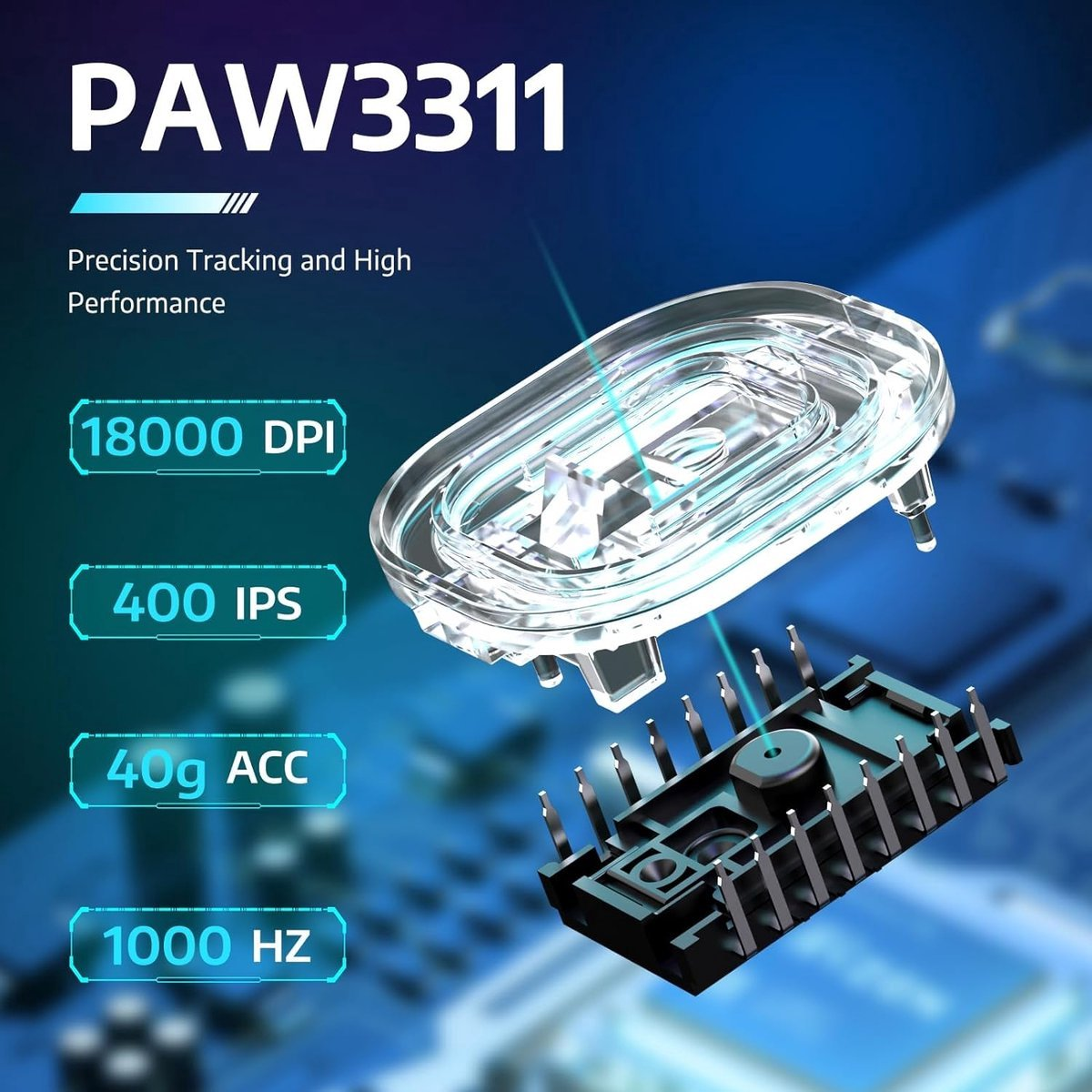 PAW3311: 18000 DPI, 400 IPS, 40g ACC, 1000 HZ. Clear close-up of the optical sensor.