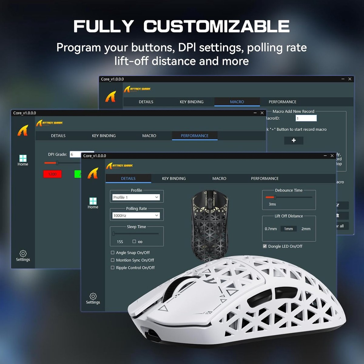 White gaming mouse with an open design, next to software screens for customization.