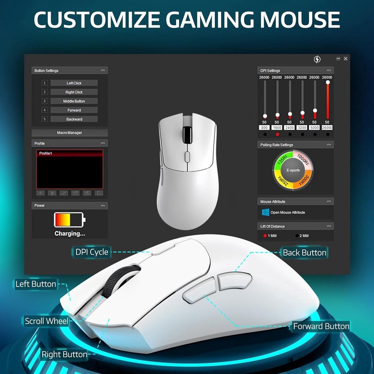 A white gaming mouse interface displays customizable buttons, DPI, and charging status.
