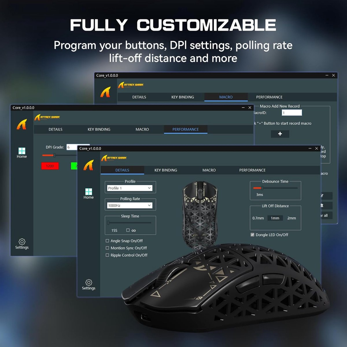 Black gaming mouse with an open design, next to software screens for customization.
